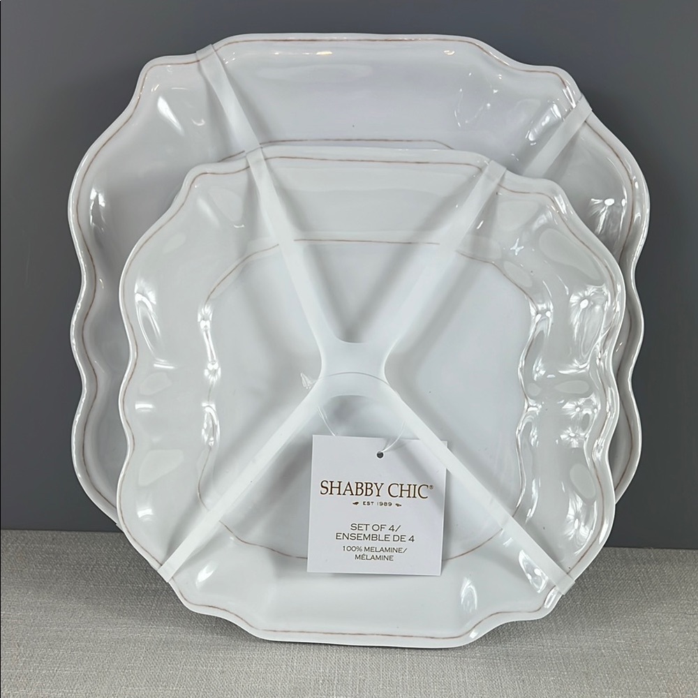 Shabby Chic Melamine Plates 8 pc Set 4 Dinner 4 Salad White Tan Edge NEW